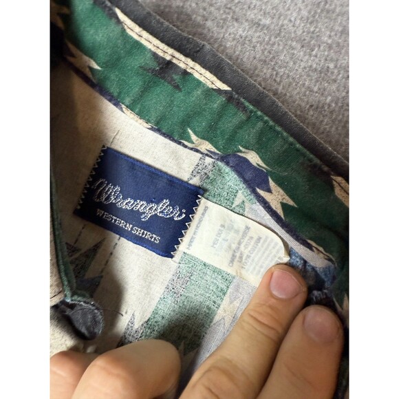 Vtg Wrangler Denim Shirt Western Pearl Snap Rodeo Aztec Distressed Mens Large - Picture 2 of 8